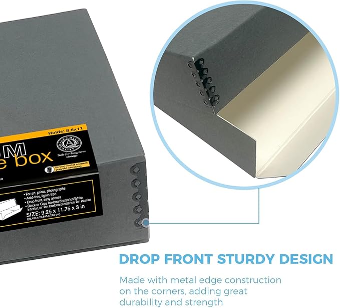 Lineco Museum Archival Storage Box, 9.25x11.75x3 in. Drop Front Design. Acid-Free with Metal Edge. Organize Photos, Pictures, Prints, Documents, Crafts, DIY. Gray, 2 Pack