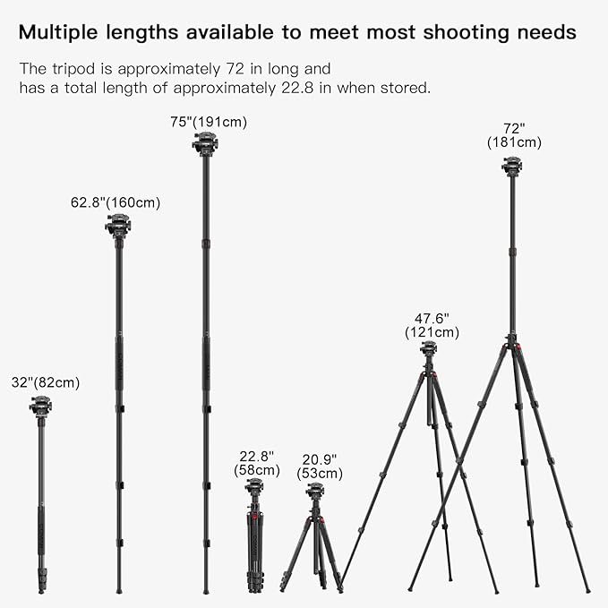COMAN 72" Overhead Camera Tripod, Horizontal Video Tripod with Fluid Head QR Plate, Detachable Monopod, for DSLR Camera and Phone Camcorder Spotting Scope