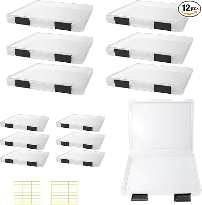 Olutacot 12 Pcs Clear A4 A5 File Box Document Plastic Storage Box with 48 Labels File Holder Organizer Box Paper Plastic Case Magazine Protector with Buckle Office School Supplies(Black)