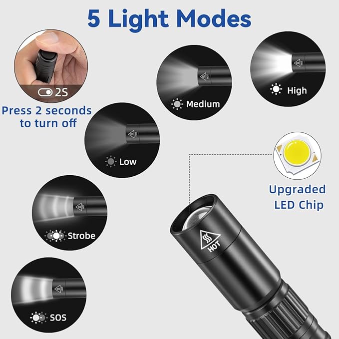 2Pack Pen Flashlight Rechargeable PL9000, 5Mode Bright Pen Light Flashlight High Lumens, Waterproof Pocket Flashlights, EDC Adjustable Tactical Flash Light, LED Small Lights with Clip for Emergencies