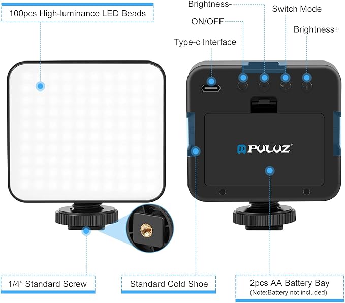 PULUZ 100 LED Video Light, 5W 3-Color Temperature Dimmable (2900K-6500K) Camera Fill Light with Cold Shoe Mount USB-C/AA Battery Powered for DSLR Camcorder Vlogging Macro Photography