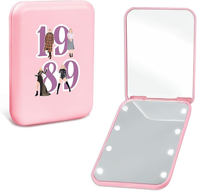 Preppy Travel Compact Mirror with Light for Purses 1X/2X Magnification Small Led Portable Pocket Makeup Mirror, Pink Christmas Birthday Gift Stocking Stuffers for Women Teen Girls Trendy Stuff