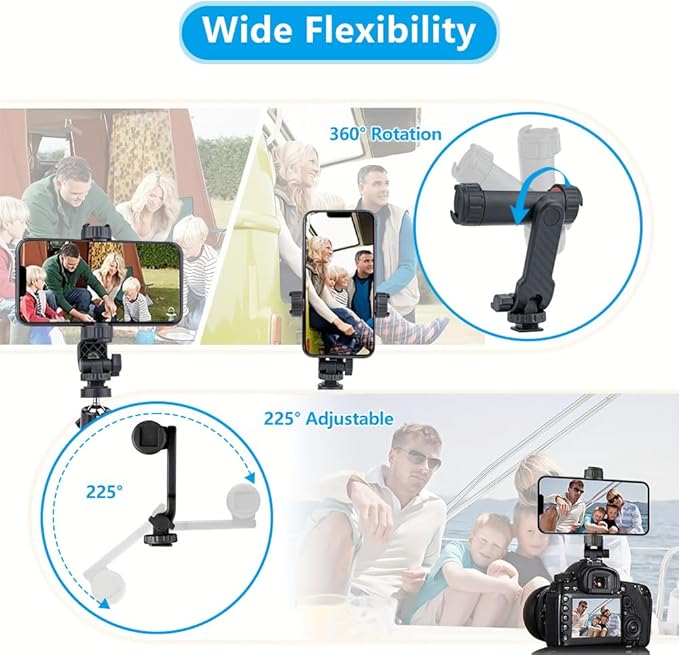 Dual Cold Shoe Phone Mount Holder — Universal Adjustable Smartphone Clamp with Dual Cold Shoe Mounts for Microphone & LED Light, 360° Rotating Ball Head, 1/4"-20 Tripod Screw Compatible