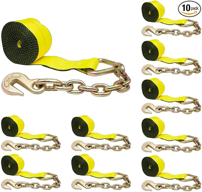 Mytee Products 4" x30' Winch Straps w/Chain, Flatbed tie Down Straps WLL 5400 lbs (10 Pack)