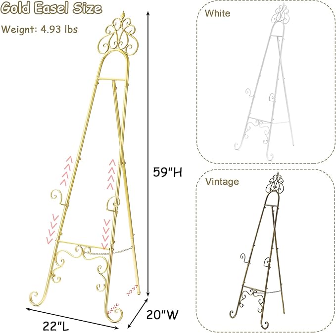 Metal Easel Stand for Sign with Chain Support, Gold Extra Large Scroll Floor Standing Easel for Display Wedding Sign Picture Frame Mirror, 59" H × 22" L × 20" W