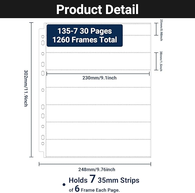 ENPOINT 35mm Film Holder 135-7, Pack of 30 Acid Free Film Negative Sleeves, 35mm Negative Sleeves for Film Negative Storage, Up to 1260 Frames