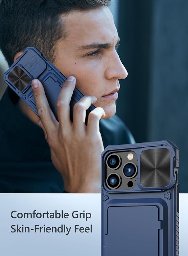 Vihibii for iPhone 15 Pro Max Wallet Case with Card Holder (4 Cards) & Slide Lens Protective Cover & Kickstand & Raised Edges Protect Screen, Shockproof Rugged Case for iPhone 15 Pro Max 6.7", Blue