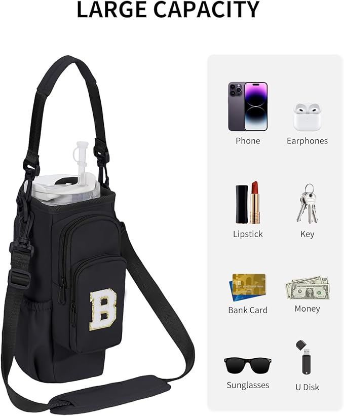 sportsnew Birthday Gifts for Women Personalized Initial Water Bottle Holder with Strap fits most 40oz Tumbler with Handle Water Bottle Carrier Bag with Phone Pocket & Straw Topper Tumbler Accessories
