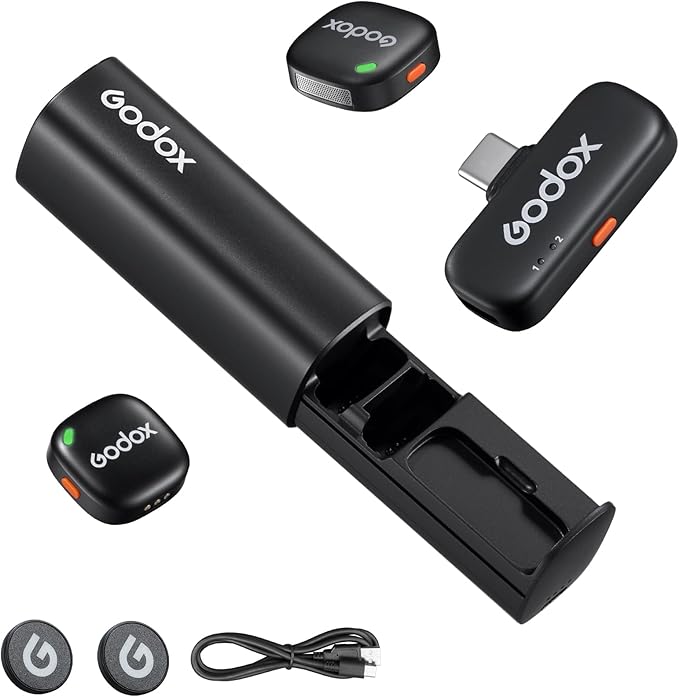 GODOX C01 KIT2 Wireless Microphone, 48kHz/24-bit Professional Lavalier Mic 60W Fast Charging Mini Microphones 7g Ultralight,54H,Noise Reduction,200M Low Latency (2TX+1RX+USB-C+Charging Case)
