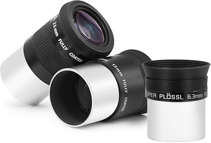 Astromania Telescope Eyepiece Set 1.25 Inch Super Plossl Eyepiece Set 6.3mm 15mm 26mm, 5 Element Fully Multi Coated Metal 52 Degree Apparent Field, Telescope Accessory Set for Astronomy Telescope