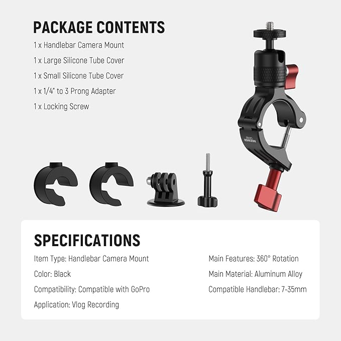 NEEWER Motorcycle Bike Handlebar Mount Compatible with GoPro DJI Osmo Action Cameras, Handle Bar Pole Clamp Holder with 360° Rotation for POV Video Recording, CA165