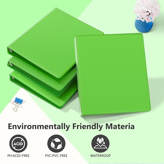 ViVin 1 Inch Round Ring View Binder for Durability, Standard 3 Ring Binder for 200 Sheets of US Letter Size Paper, PVC-Free, 6-Pack (Ivy Green)