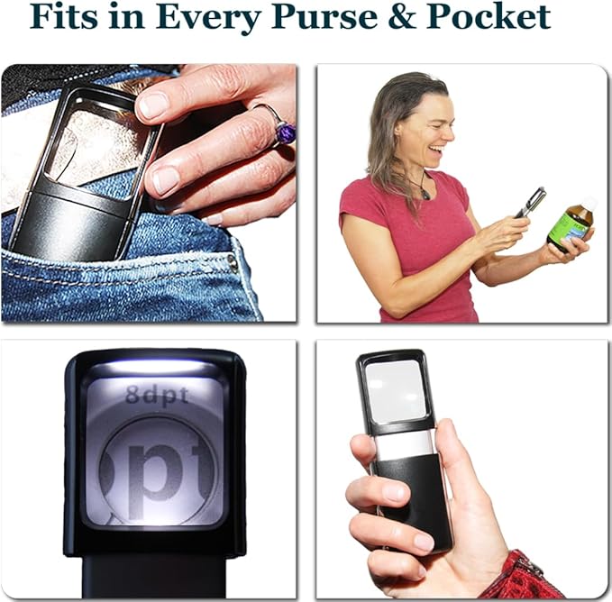 Small-Magnifying-Glass with LED-Light 3X Lighted-Pocket EasY Magnifier -Hand Held Lighted Magnify Glasses for Close Work Reading Books Pill Bottles; Mini Lens for Visually Impaired A Low Vision Aid