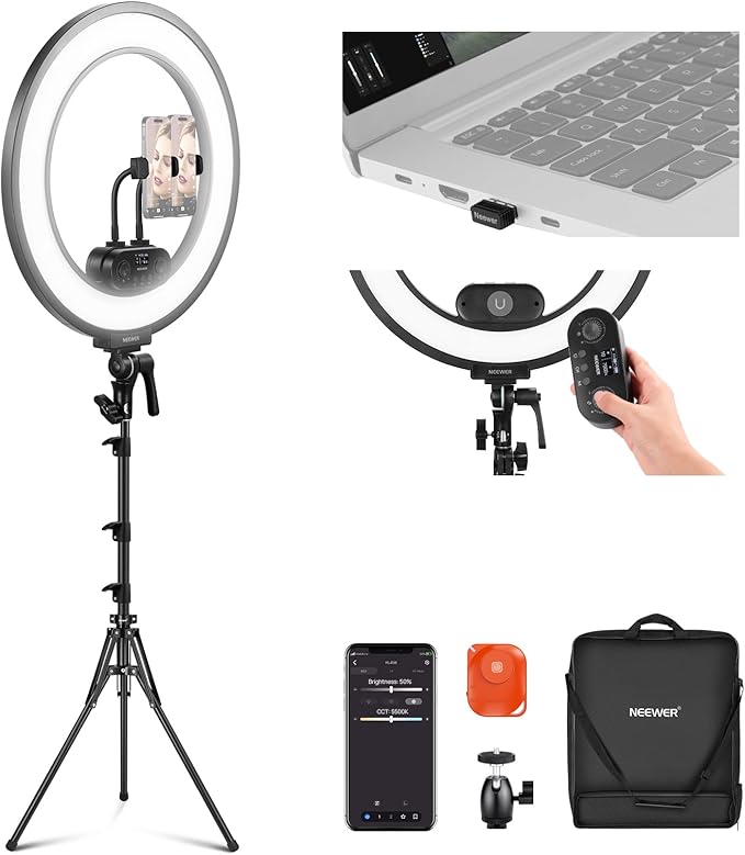NEEWER 18 Inch Edge Lit Ring Light with Tripod Stand Phone Holder Compatible with iPhone for Video Recording Selfie Makeup Studio Streaming, 45W 2900-7000K APP 2.4G Control Ringlight Lighting, RL45B