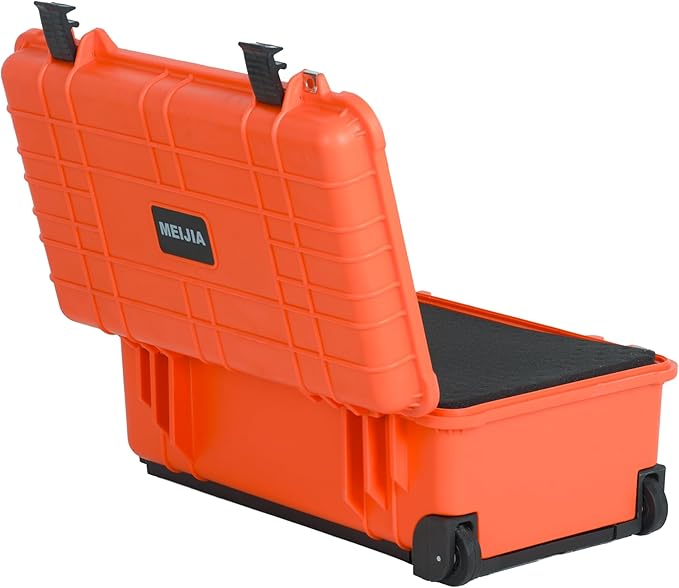 MEIJIA All Weather Rolling Waterproof Protective Case, Hard Camera Case,Dry Case with Retractable Pull Handle and Wheels,Foam Inserted,22 x13.81x9inches (Orange)