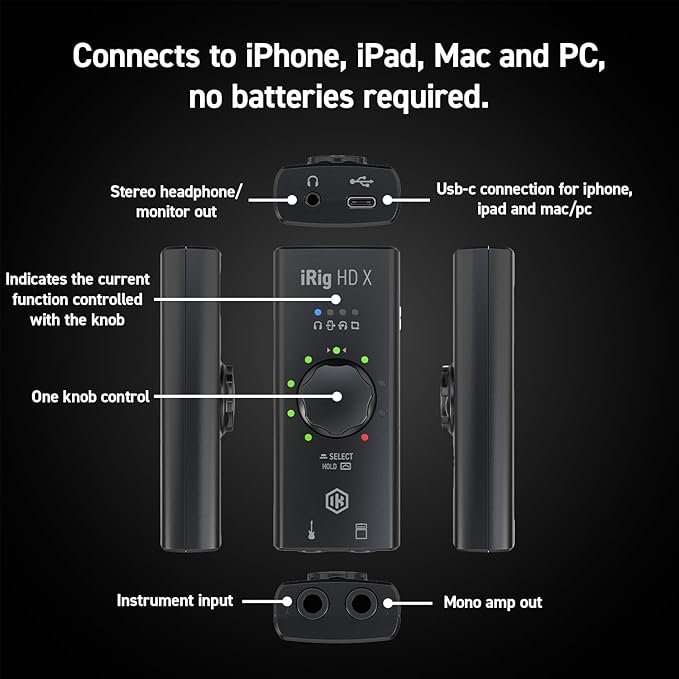 IK Multimedia iRig HD X Guitar Audio Interface - 96 kHz Music Recording, 24-bit, For iPhone, iPad, Mac, iOS, And PC With Lightning Cable, USB-C, Guitar Accessories, Recording Studio Equipment