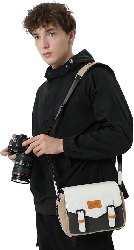 Cwatcun Camera Shoulder Bag Compact Camera Case, Small Waterproof Camera Messenger Bag with Tripod Holder, Travel Photography Bag for Canon, Nikon, Sony, Fuji DSLR/SLR/Mirrorless Camera, Lens