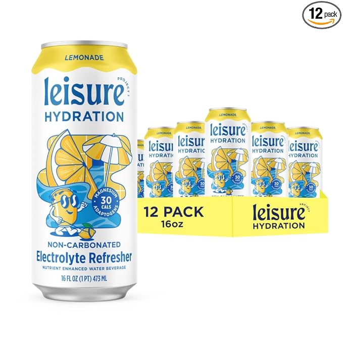 Leisure Hydration Non-Carbonated Electrolyte Refresher, Lemonade Flavor - Low Sugar Nutrient Enhanced Water Beverage - Get The Best Hydration Packed w/ Magnesium & Ashwagandha For Mood & Stress Support, Non-GMO, 16 oz (12-Cans)