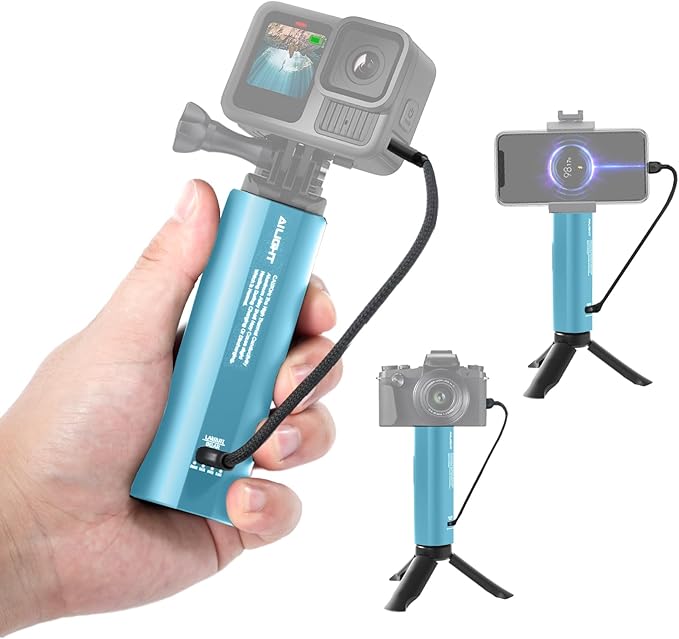 Ailight Battery Handle Grip, 5000mAh Extended Power with 20W PD Charging, Portable Charger Tripod Vlog Accessory with 1/4" Screw for GoPro Hero 13/12/11/10/9 & Insta360 DJI Action 6/5 Camera - Blue
