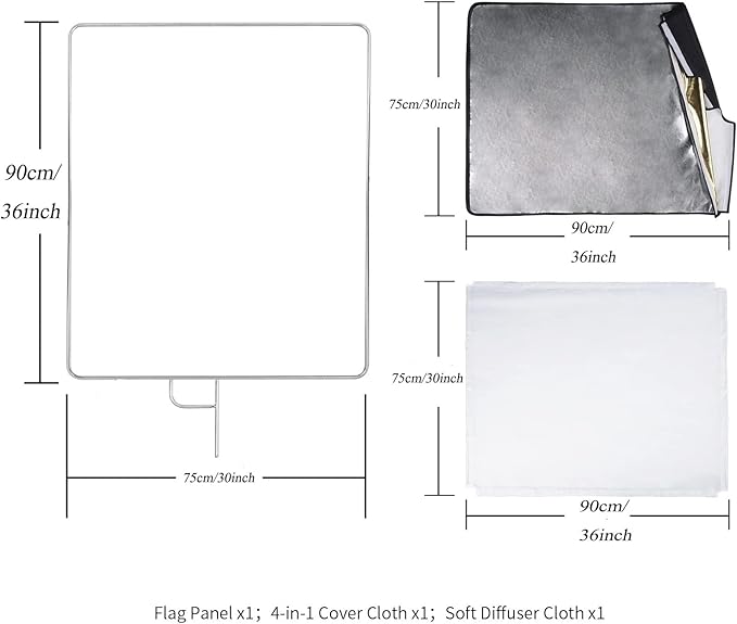 30"x36"/75x90cm Light Reflector Flag Panel Kit, 5-in-1 Diffusion Scrim Translucent/Gold/Silver/Black/White Lighting Diffuser, Stainless Steel Foldable Frame for Studio Portrait Photography