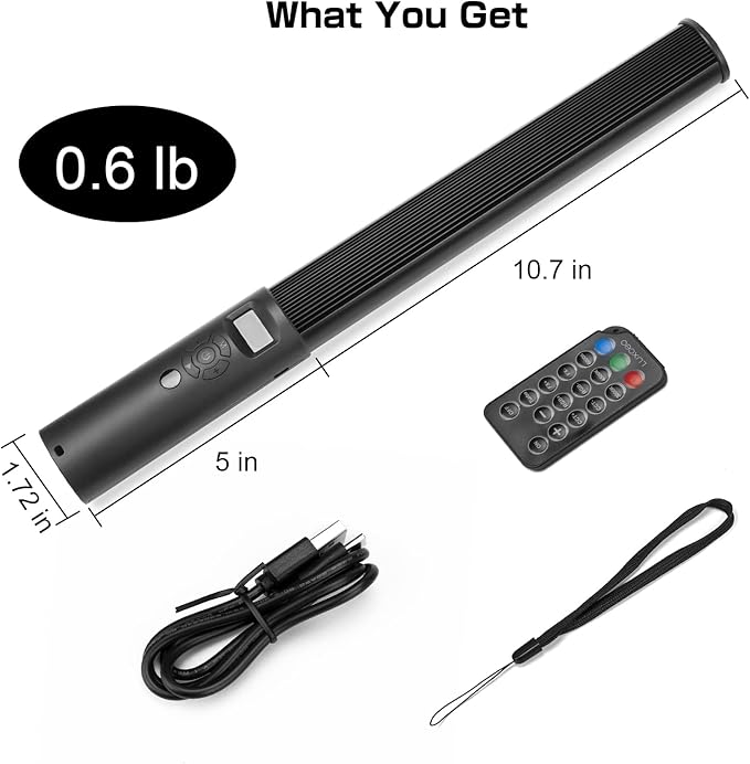 RGB Video Light Wand, Handheld Multi Color LED Tube Light Stick with Remote Control, Dimmable 2500K-6500K CRI97+ Full-Color LED Light with 2500mAh Rechargeable Battery, 12 Light Scenes