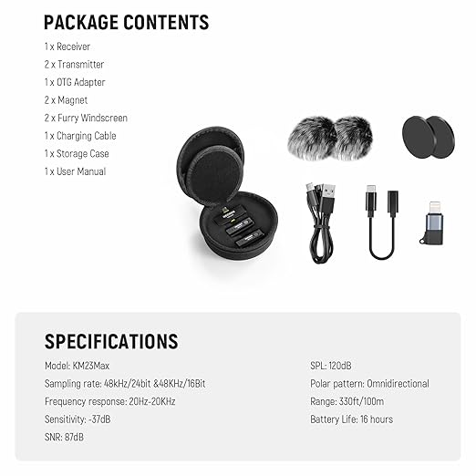 NEEWER KM23Max Wireless Lavalier Microphone 48KHz/24Bit 328ft Range 8H Battery Noise Cancelling Omnidirectional Mini USB C Mic Compatible with DJI Insta360 iPhone Android Phone PC (1x RX + 2X TX)