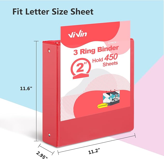 ViVin 2 Inch Round Ring View Binder for Durability, Standard 3 Ring Binder for 450 Sheets of US Letter Size Paper, PVC-Free, 6-Pack (Assorted)