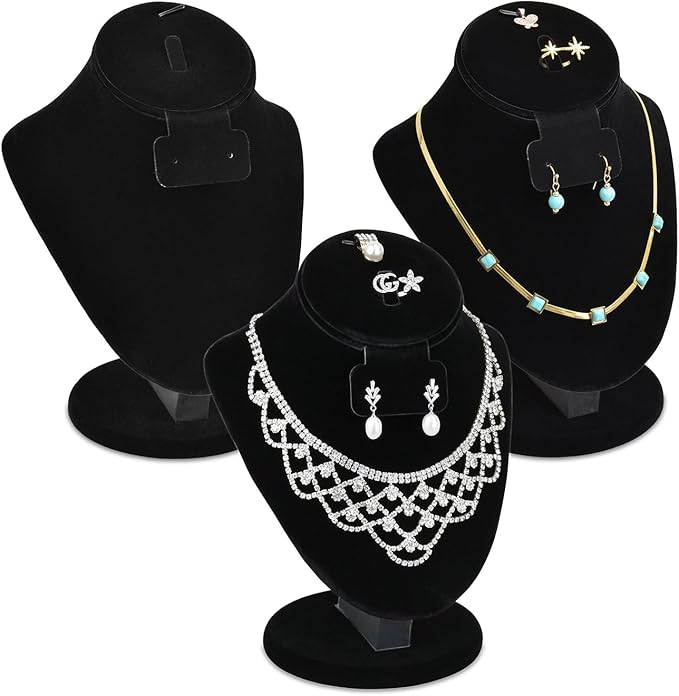 MOOCA 3 Pcs Set Black Velvet Combination Display Jewelry Stand Bust for Necklaces, Earrings, Rings, Jewelry Display For Vendors