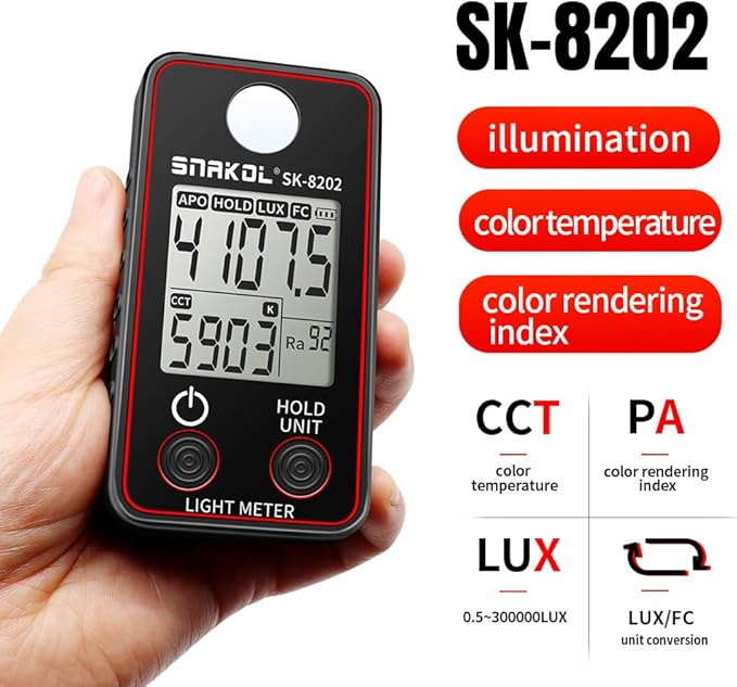 Illuminance Meter,Color Temperature Tester High Precise Illuminance Meter 0.5-300000LUX LED Illumination Test Meter Photographic Luminance Measuring Device
