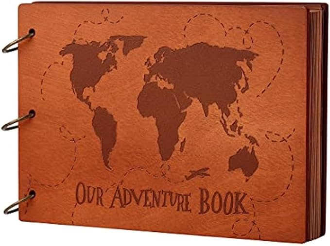Adventure Book 3D Wooden Cover Scrapbook Photo Album 11.92 x 7.62"Timeless Memory Journal for Unforgettable Adventures&Precious Moments-Ideal for Anniversaries,Travel & Couple Gifts (3D Map Style)