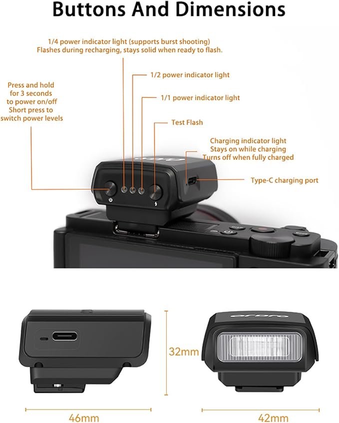 ORDRO FL-10 Mini Camera Flash Camera Flash Speedlite for Fuji/Sony/Nikon/Canon, Digital Film Cameras, Portable Mini hot Shoe Flashlight for DSLR Cameras.