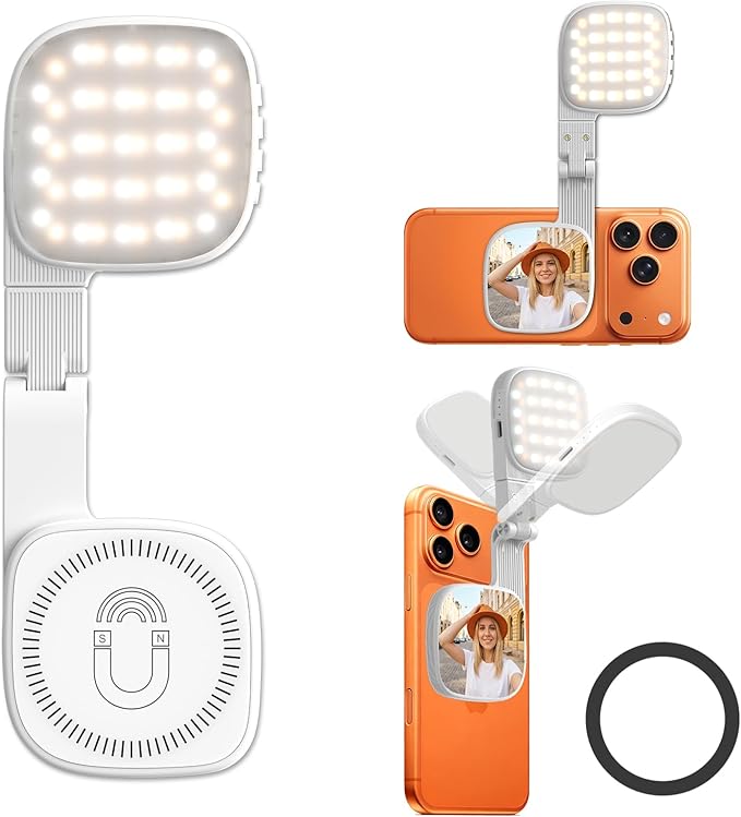 Diyife Magnetic Selfie Light for Phone, [Compatible with MagSafe] CRI95, 3 Modes, 45 LED, 360° Rotatable Phone Light with Foldable Mirror, Portable Selfie Ring Light for Zoom Makeup Video Conference