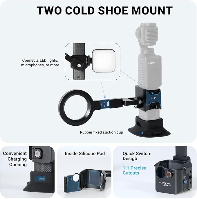 YUANYU Metal Magnetic Mount Cage Non-Slip Silicone Suction Base Mount for Pocket 3 with 360° Rotating Strong Magnetic Mount for DJI Pocket 2/3 Dual Cold Shoe Adapter Compatible with All iPhones