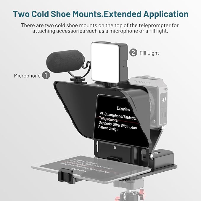 Desview P8 Universal Teleprompter for Smartphone Camera, DSLR Webcam Tablet up to 10" with Bluetooth Remote Foldable Design for Live Streaming Video Recording YouTube TikTok Videos