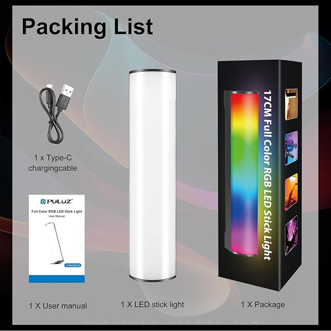 PULUZ 6.7" RGB Full Color Photography Light Stick，Holdable Magnetic LED Light Stick Fill Lights with 1/4 Inch Screw Holes，Rechargeable Tube Light with 20 Lighting Effects for Photography Lighting
