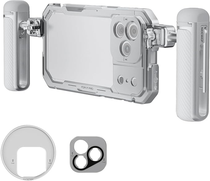NEEWER Phone Cage Kit Compatible with iPhone 17 Pro Only, Video Rig Stabilizer Accessories with 67mm Filter Ring, 17mm Lens Backplate, T Mount Adapter, Two Quick Release Handles, PA143 (Silver)