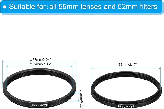 PATIKIL 55mm-52mm Metal Step Down Ring, Camera Lens Filter Adapter Ring Aluminum Filter Adapter Ring for Camera Lenses Hood, Black