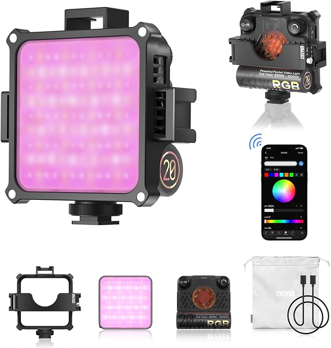 ZHIYUN FIVERAY M20C RGB Video Light [Official], 20W Portable Camera Light, HSI Mode, TLCI 96+, Temperature 2500K-10000K with 9 Light Effects, Support App Control and PD Fast Charge