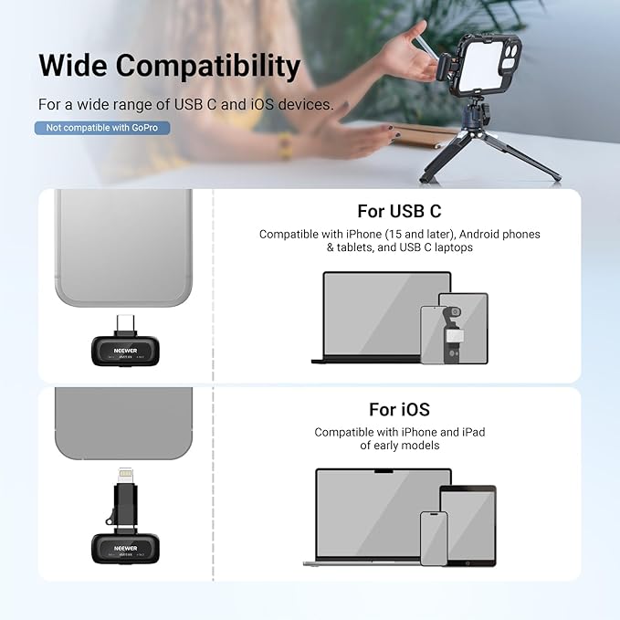NEEWER KM19 Lightweight Wireless Lapel Microphone, 48kHz/24bit 30H Battery 3-Level Noise Cancelling Mute Stereo 100m Range Mini Lav Mic with App Control, Compatible with iPhone Android Phone PC