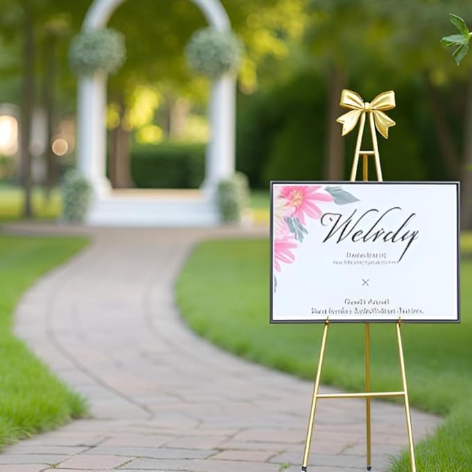 53”H Metal Gold Easel Stand for Sign, Large Adjustable Display Standing with Butterfly Bow Top for Wedding Displaying Pictures Poster Holder Showcasing