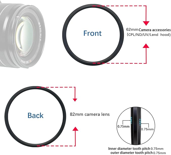 82mm to 62mm /82mm-62mm Step-Down Ring Filter Adapter for All Brands UV,ND,CPL,Metal Step-Down Ring Adapter