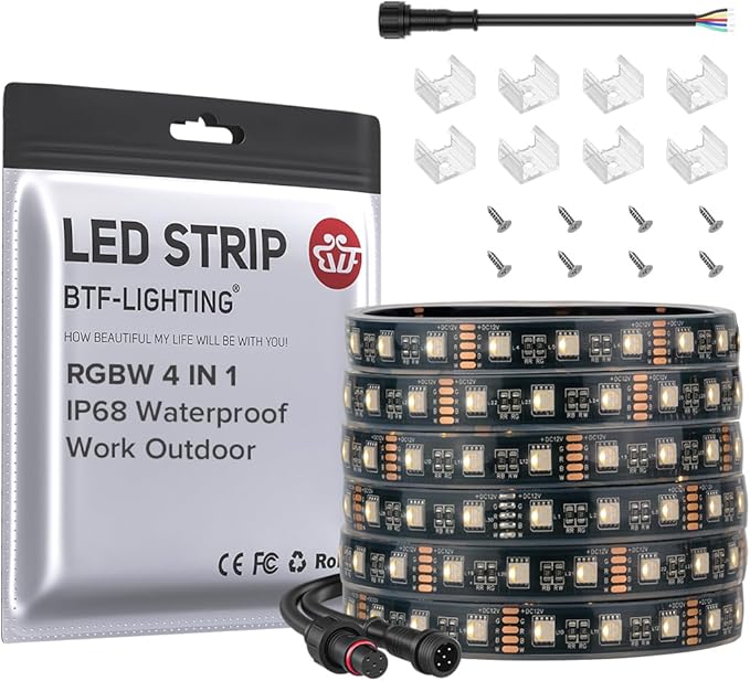 BTF-LIGHTING IP68 Waterproof Outdoor RGBW LED Strip 5050SMD RGB+Warm White(3000K-3500K) 4 Colors in 1 DC12V 16.4ft 5m 60LED/m Multi-Colored Tape Lights Can Work Outdoor(No Adapter or Controller)