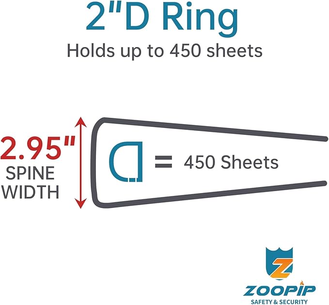 ZOOPIP Fireproof 3 Ring Binder with Zipper, 2 Inch D Rings Hold up 450 Sheets of 8.5" x 11" (A4), Compatible with Clear Page Protectors, Built-in net and Pen Holder (1 Pcs, Black, 2")