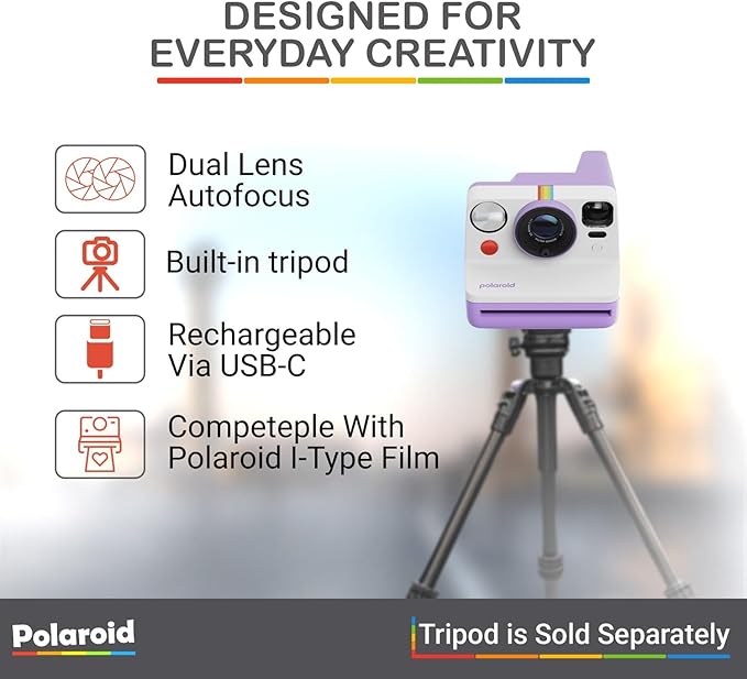 Polaroid Now Generation 3 I-Type Instant Camera (Purple) Bundle with Color I-Type Film (8 Exposures), Hard Protective Case, and Wrist Strap