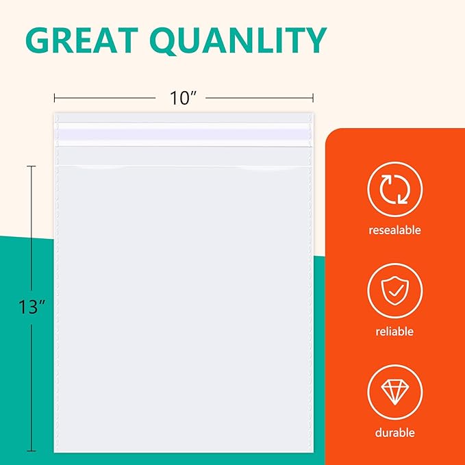iMailer - 1000 Pcs - 10" x 13" Clear Plastic Cellophane Bags - Resealable Self Sealing Cello Poly Bags for Prints, Photos, Documents, Clothing, T-Shirt