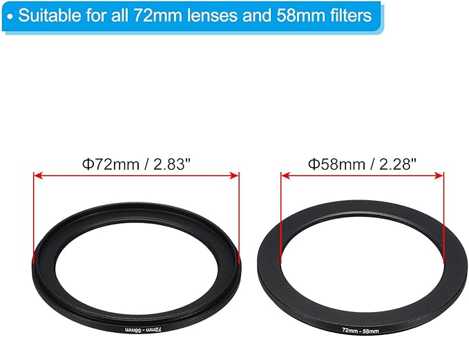 PATIKIL 72mm-58mm Metal Step Down Ring with Cleaning Cloth, 2 Pack Camera Lens Filter Adapter Ring Aluminum Filter Adapter Ring for Camera Lenses Hood, Black