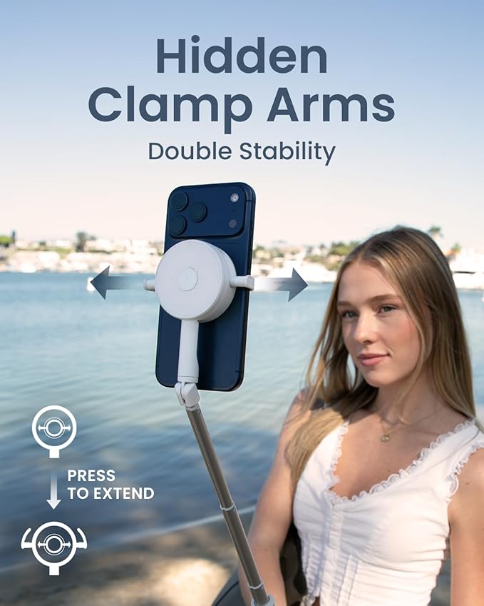 KraftGeek 67" Dual-Sided Magnetic Phone Tripod for iPhone MagSafe, Auto-Open Selfie Stick Tripod with Remote, Hidden Clamp, Portable Cell Phone Tripod Stand for Travel & Content Creation(White)