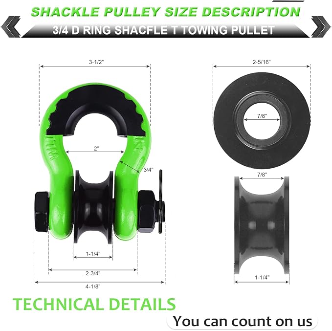 Upgraded Snatch Block, 3/4" D Ring Shackle (2 Pack) 22,000lb Break Strength with Towing Pulley, Heavy Duty Offroad Recovery Accessory for Truck, Tractor, ATV & UTV (Green)