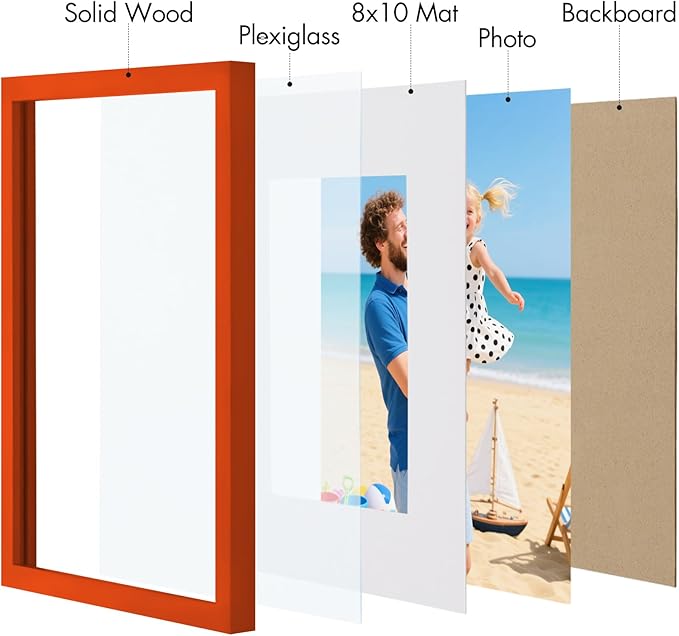 Vittanly 11x14 Picture Frame, Made of Solid Wood and Shatterproof Plexiglass, Display Pictures 8x10 with Mat or 8x10 without Mat, Wooden Photo Frame for Wall Mounting or Tabletop, Orange, 1 Pack
