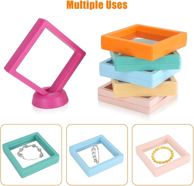 12PCS 3D Floating Frame Case with Stands, Challenge Coin Display Stand Holder, Gift Packing Frame Showcase for Earrings, Jewelry, Medallions, Specimens, 3.54x3.54 Inch (Light Pink)